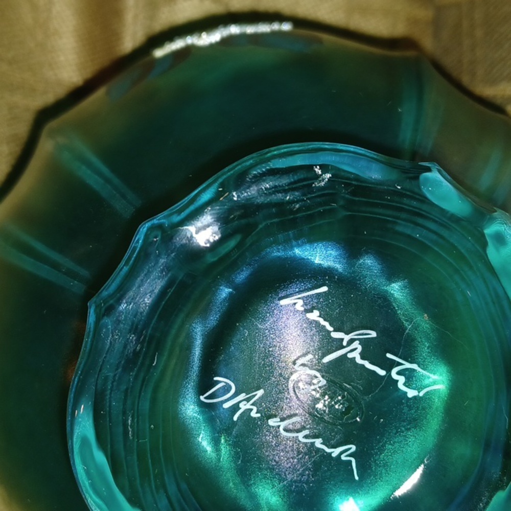 Fenton Blue Green Iridescent Bowl With Hand Painted Flowers - Picture 5 of 5